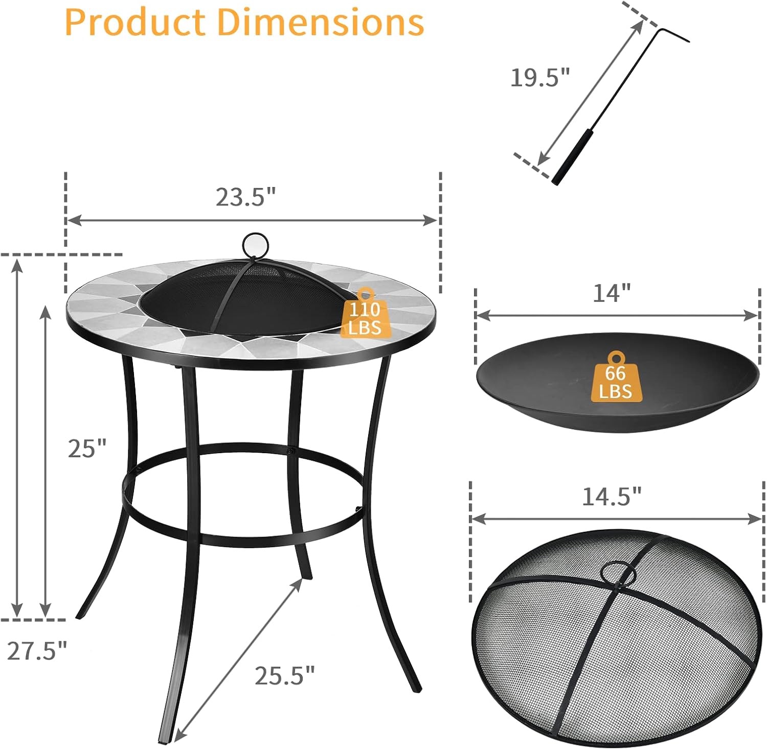 Tangkula Outdoor Fire Pit Table with Tile Tabletop, Small Round Steel Fire Bowl with Screen Cover, Fire Poker, Patio Wood Burning Fire Table for Camping, Bonfire & Outdoor Heating