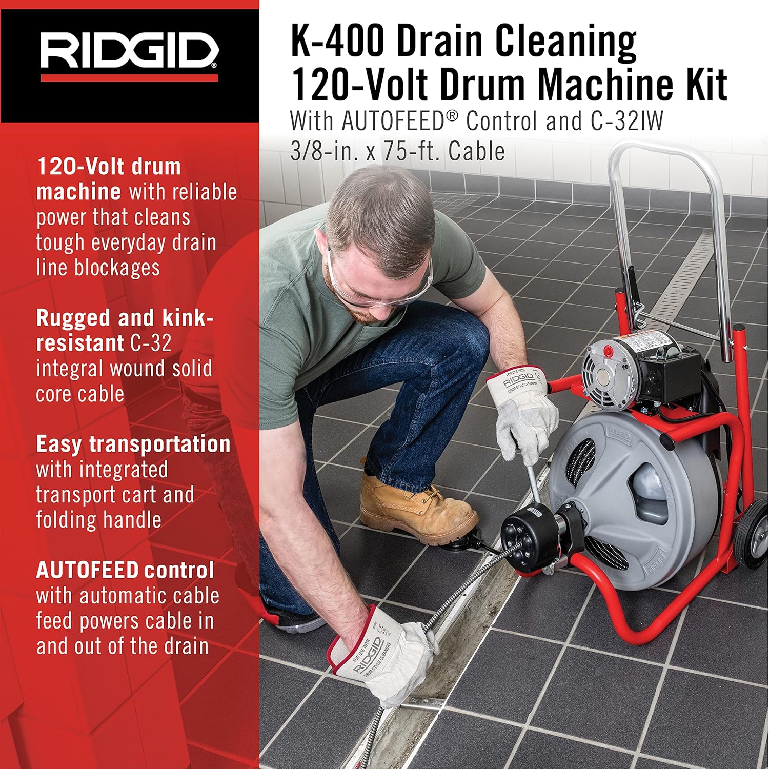 RIDGID K-400 Drain Cleaning 115-Volt Drum Machine Kit with AUTOFEED Control and C-32IW 3/8