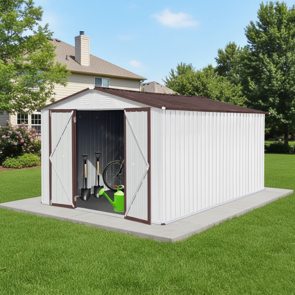 10x12 FT Storage Shed,Metal Aluminum Garden Shed,with Punched Vents,Waterproof Cabinet w/Hinged Door and Padlock,Tool House for Storing Bicycles,Lawnmowers,Barbeques,White+Coffee