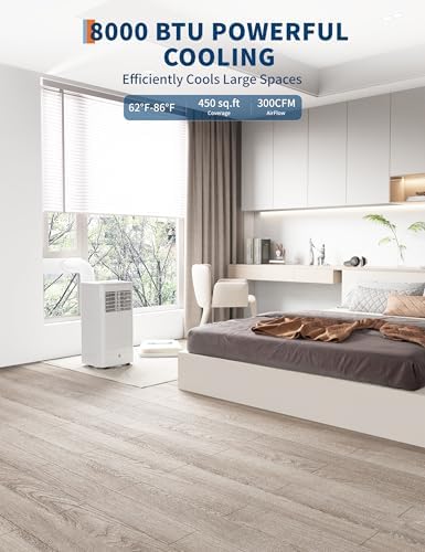 8000 BTU Portable Air Conditioners, 4-In-1 Portable AC Unit with Remote Control, Cool, Fan, Dehumidifier, 24H Timer for Bedroom Home Office Up to 350 Sq. Ft, Black&Grey Cover