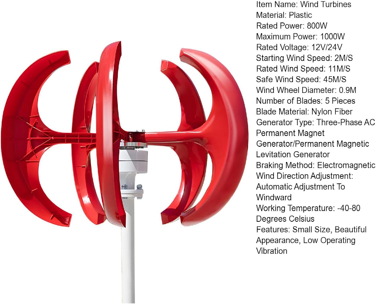 Portable Wind Turbines 1000W 12V/24V Wind Turbines Generator, 5-Blade Auto Adjust Wind Vertical Generator Kit,generador eolico para casa,for Motor Home, Chalet, Boat, Terrace Red