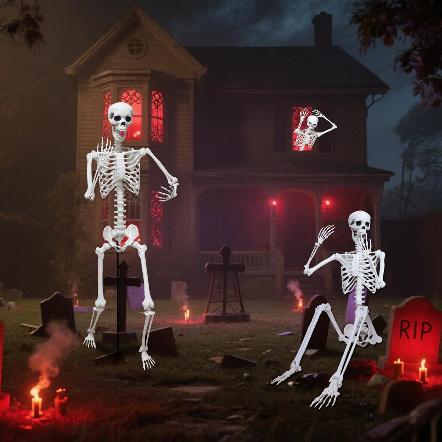 Halloween Skeleton Decorations,5.9Ft Life Size Skeleton 2PCS Posable Skeleton Full Size Plastic Human Skeleton with Movable Joint for Halloween Outdoor Indoor Decor (Grey, 5.9Ft)