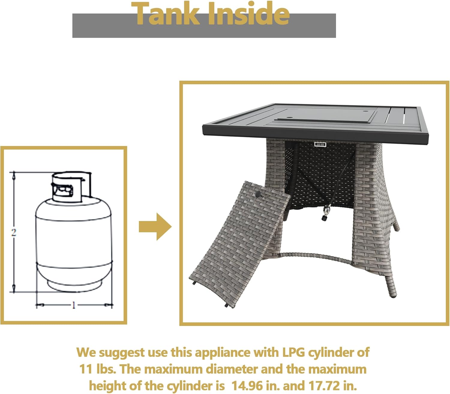 31” Gas Fire Pit Table, 50000 BTU Outdoor Rattan & Wicker Propane Fire Pit Table, with Square Black Steel Tabletop and Rattan Wicker Base, for Outside Patio and Garden