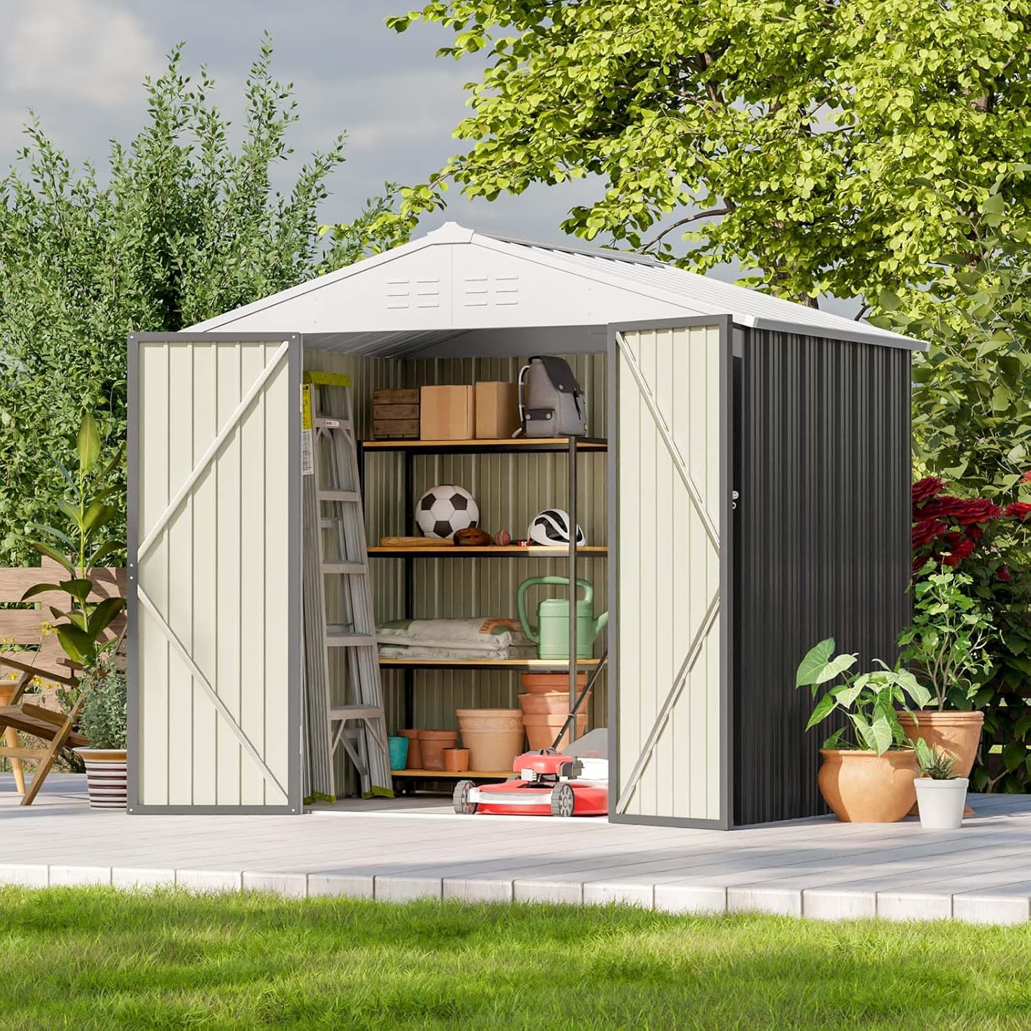 Patiolife Outdoor Storage Shed 8x6 FT, Lockable Metal Shed for Bike and Tools,Large Storage House for Garden and Backyard, Gray
