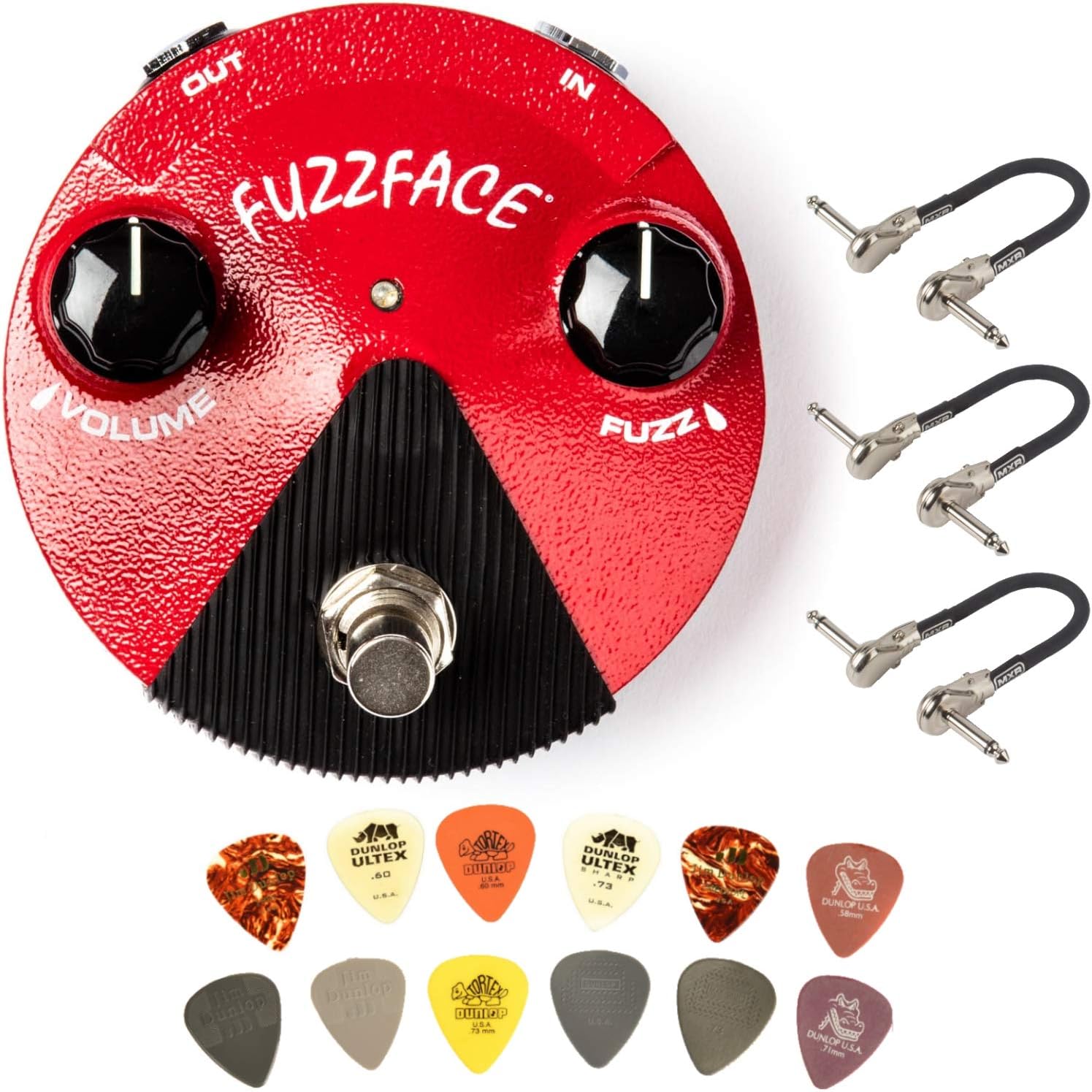 Dunlop FFM2 Germanium Fuzz Face Mini Distortion Pedal Bundle with 3 MXR Patch Cables and Dunlop Pick Pack