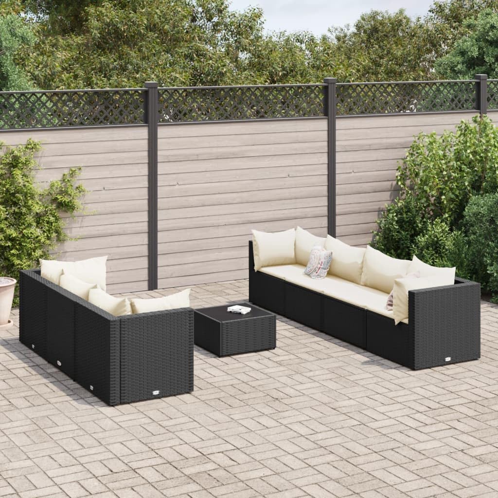 8 Piece Patio Lounge Set with Cushions Black Poly Rattan Garden Furniture