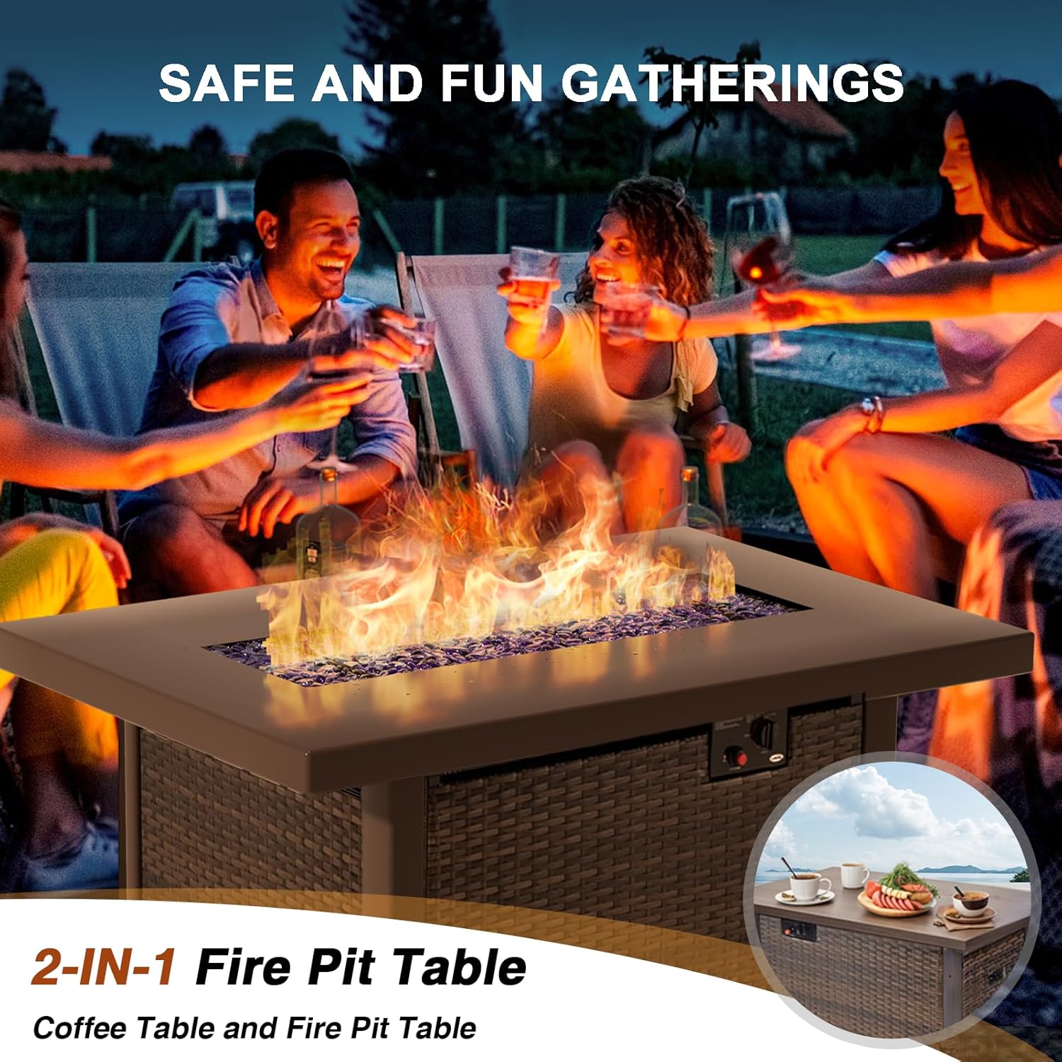 Grezone Outdoor Patio Furniture Set with Fire Pit Table, 13 Pieces Outdoor Furniture Set Patio Sectional Sofa w/42in Propane Fire Pit, PE Wicker Rattan Patio Conversation Sets - Black