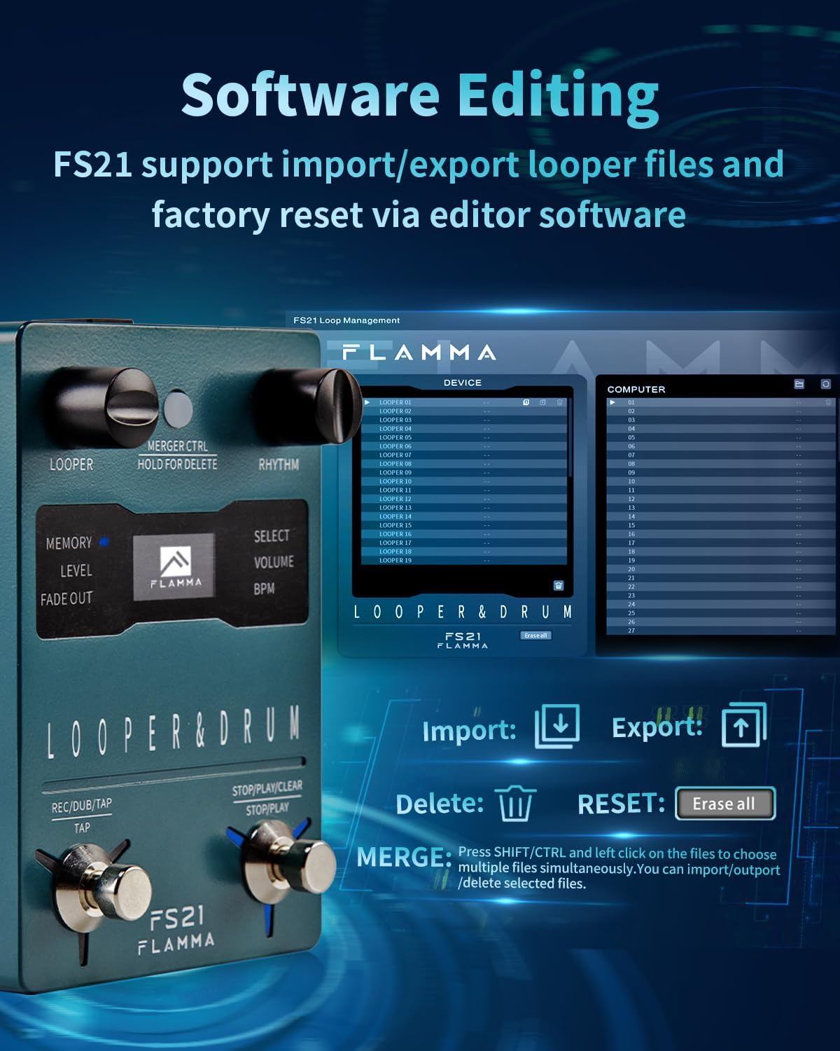 FLAMMA FS21 Stereo Guitar Looper Pedal & Drum Machine 2-in-1 with160 Minutes Loop Recording Capacity 100 Drum Grooves 10 Metronome Support Software Editing