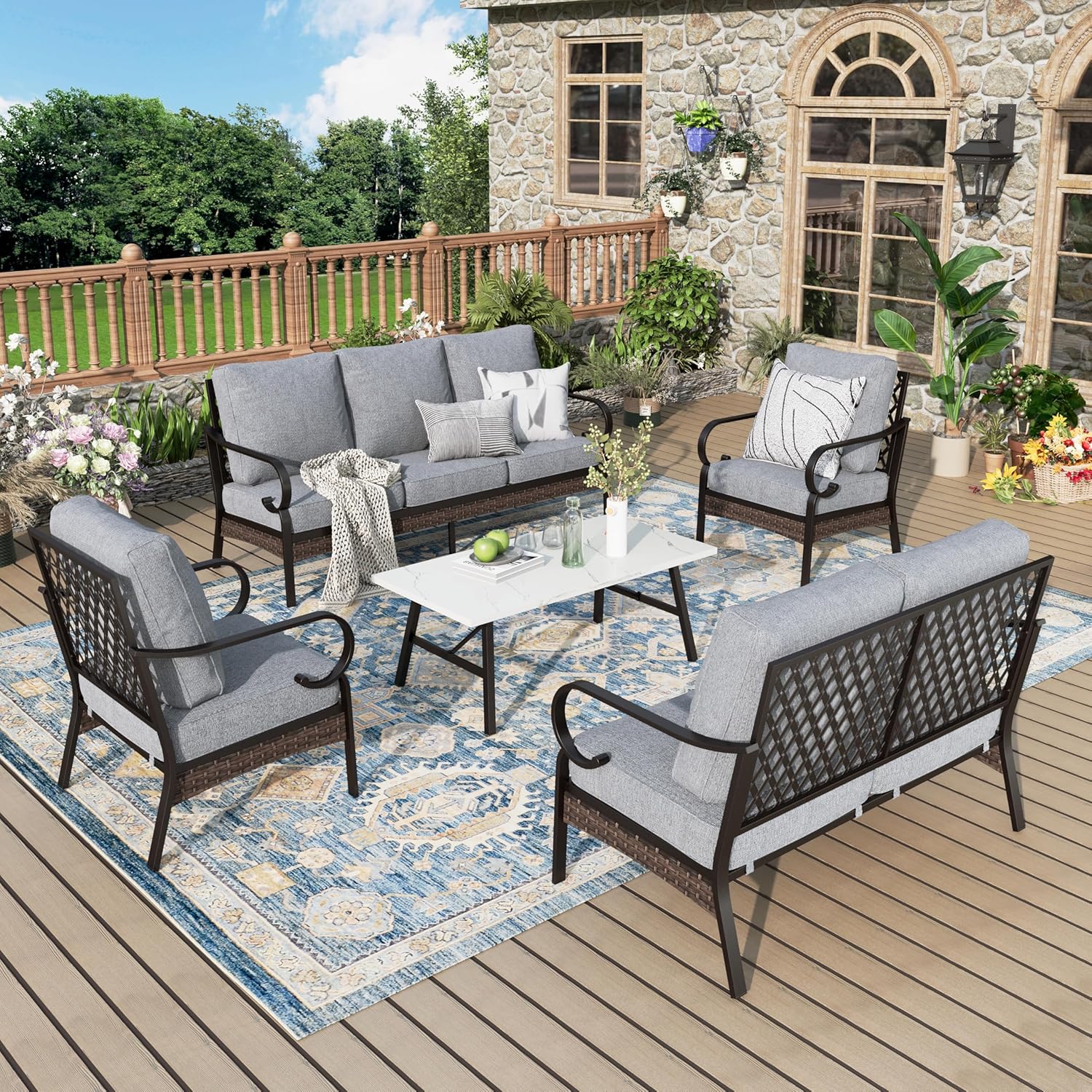 Patio Furniture Set with Coffee Table, Outdoor Conversation Set with 2 x Fixed Chairs, 1 x 2-Seat Sofa, 1 x 3-Seat Sofa for Lawn Garden Backyard, Grey