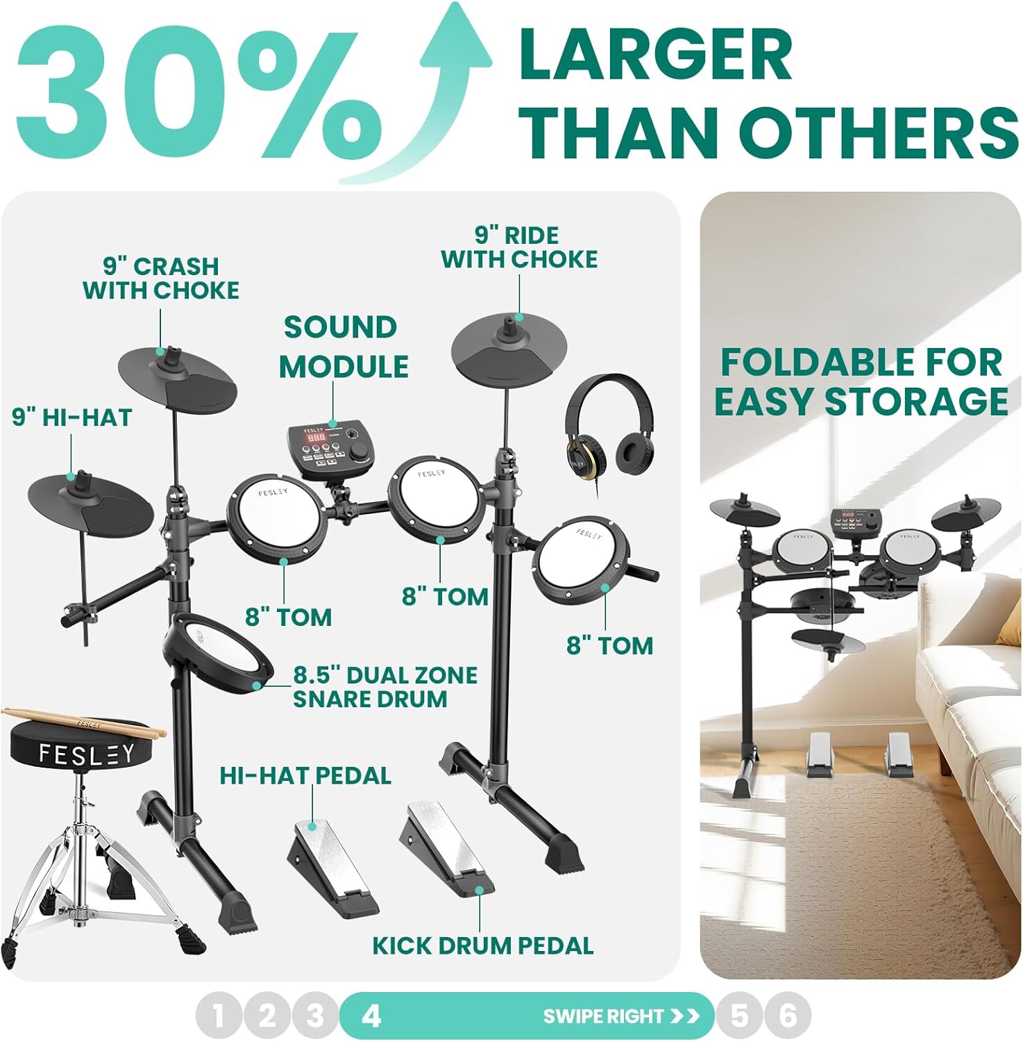 Fesley FED150W Electric Drum Set: Dual Zone Snare Drum,2 Cymbals w/Choke, 200 Sounds, 4 Quiet Mesh Drum Pads, Portable Electronic Drum Kit for Beginner, Bluetooth, MIDI, Throne, Headphone, Sticks