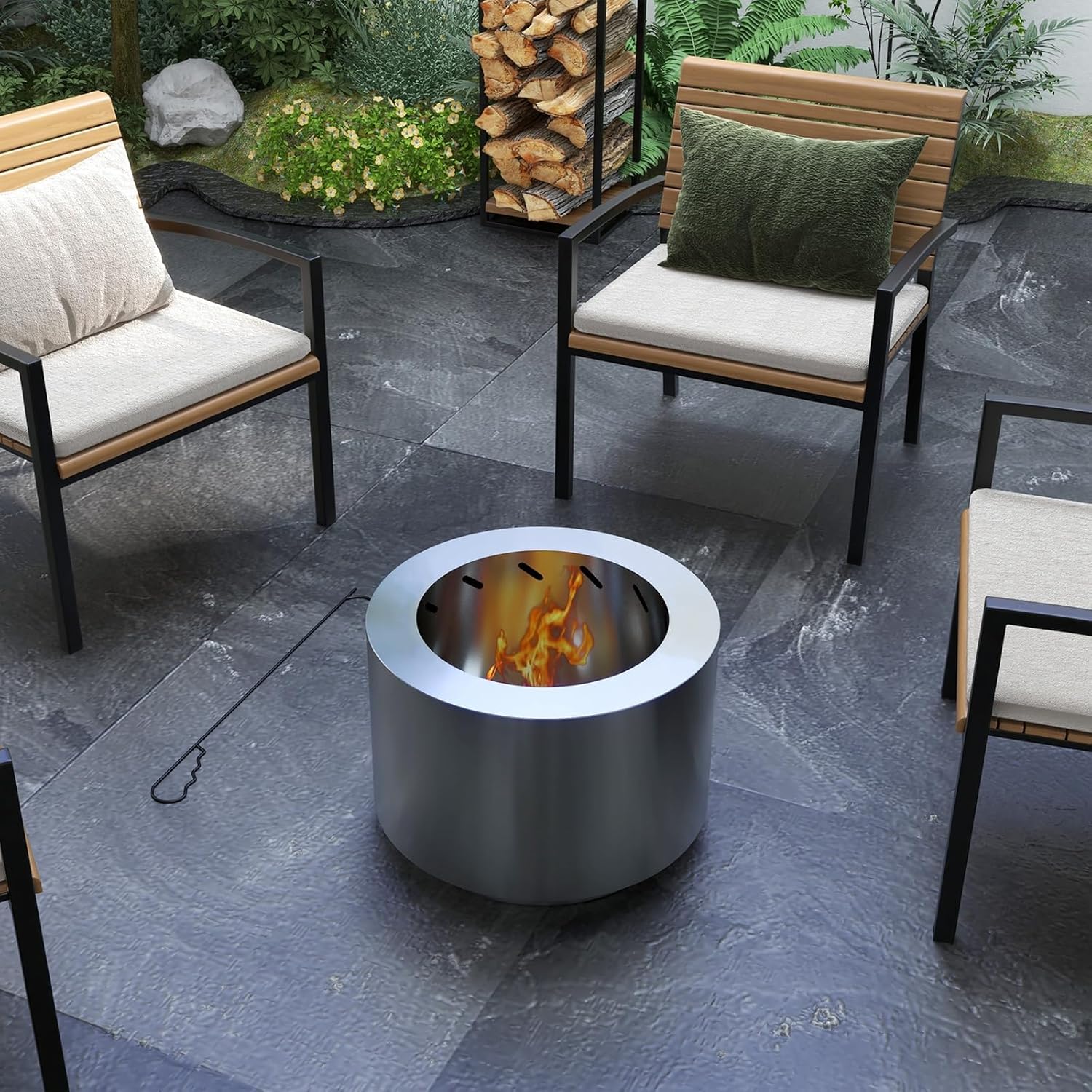 Penau Smokeless Fire Pit, 19 Inch Portable Wood Stove with Poker, Low Smoke Camping Bonfire for Patio, Stainless Steel, Silver
