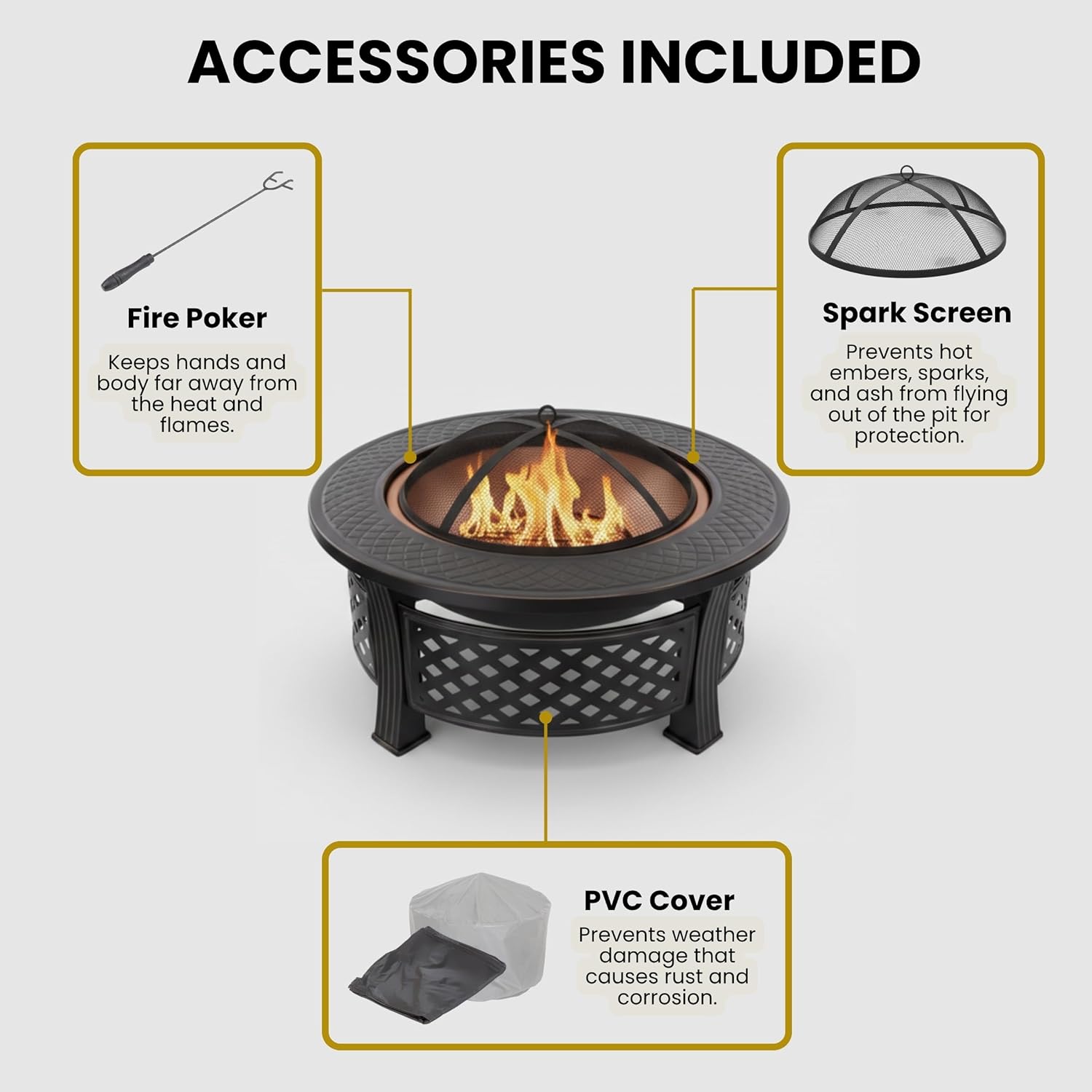 Fire Pit - 32-Inch Outdoor Fireplace with Spark Screen, Poker, and Cover - Wood-Burning Fire Pit for Yard, Patio, or Camping by Pure Garden (Bronze)