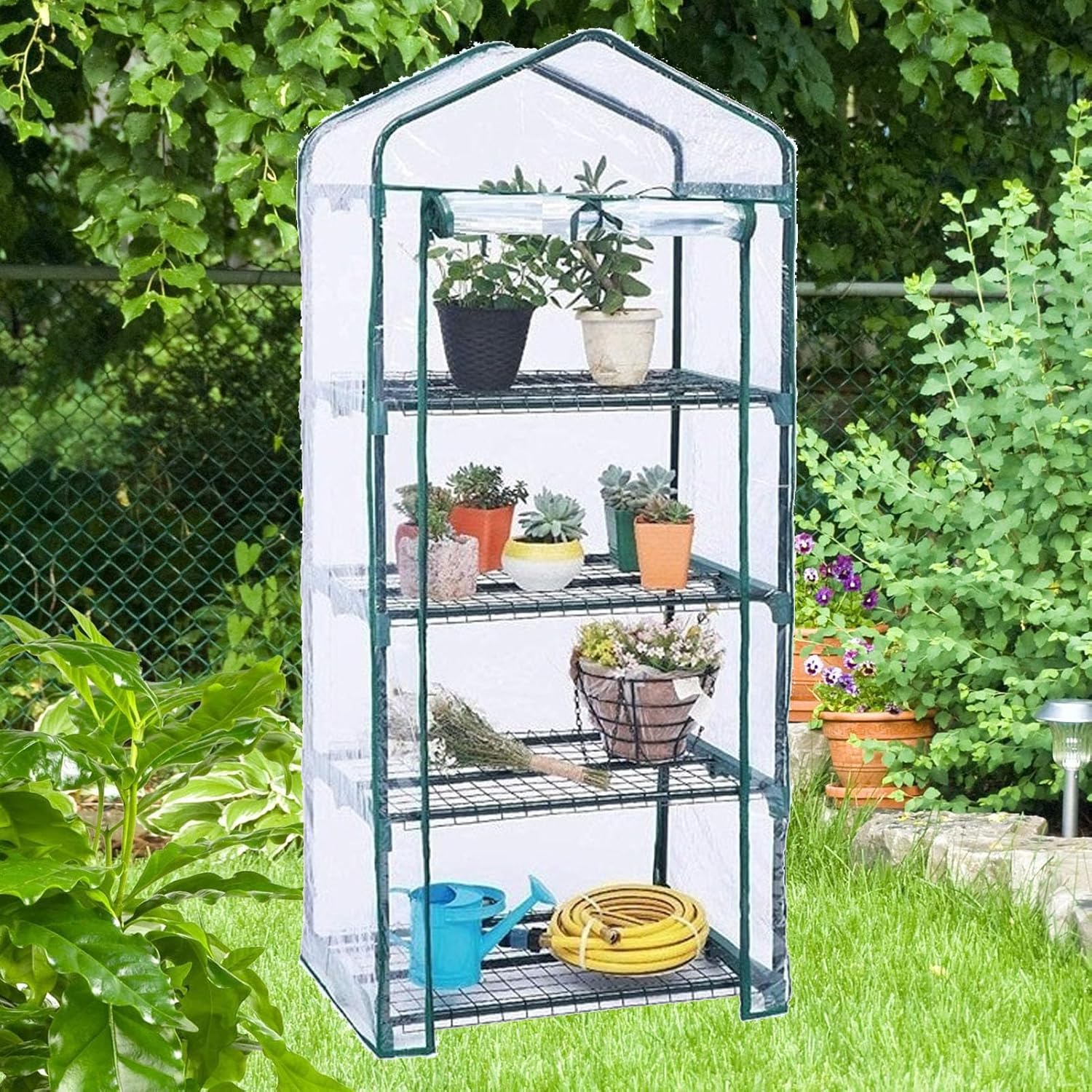 Mini Greenhouse, 4 Tier Portable Green House with PE Cover and 360 Degree Rotating Wheels, Warm House for Indoor Outdoor Garden Patio Balcony Plant Protection (White)