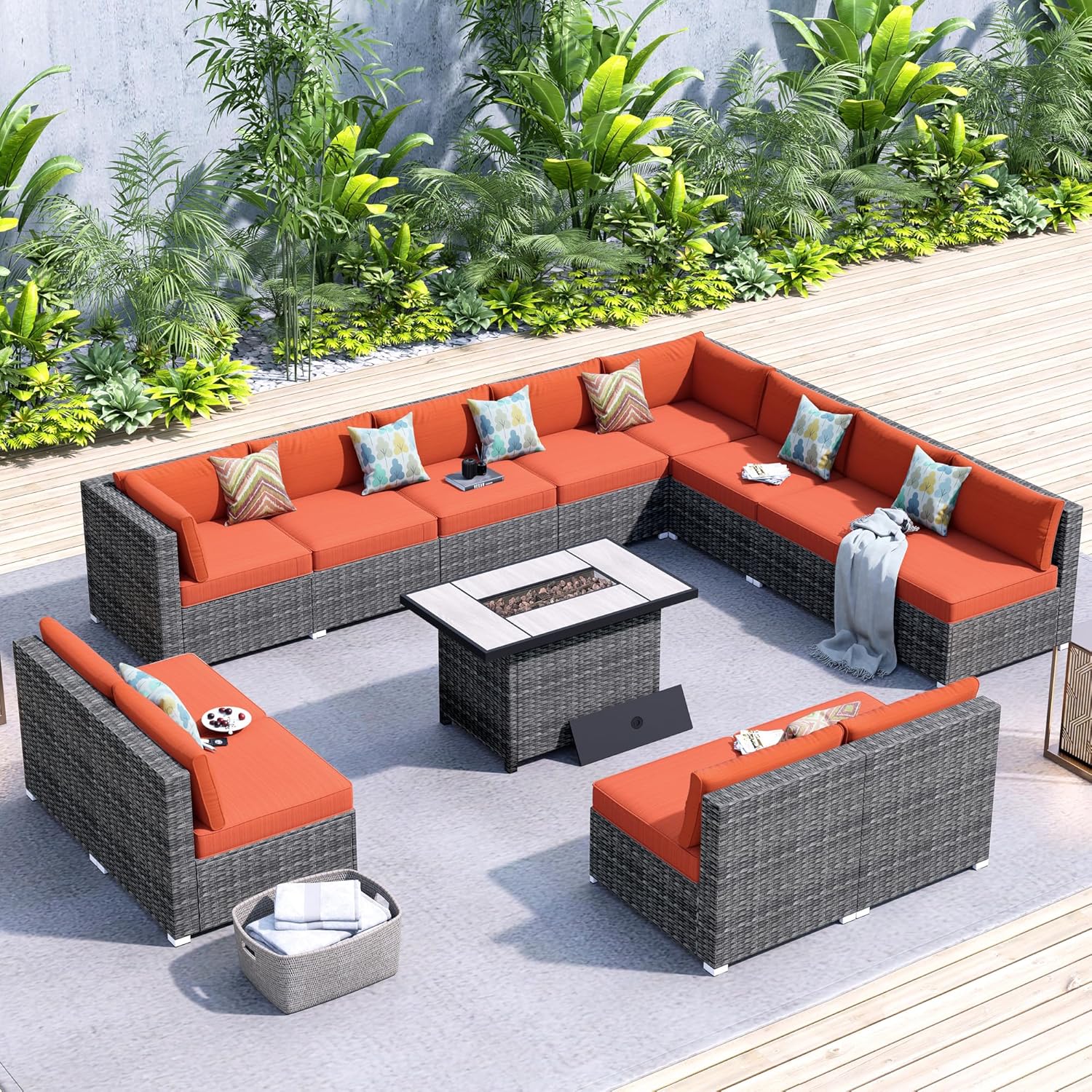 HOOOWOOO Patio Outdoor Furniture Sectional Couch Set with Propane Fire Pit Table,13 Piece Wicker Weather Resistant Conversation Set,Modern Corner L Shaped Modular Sofa Set for Yard(Orange Red)