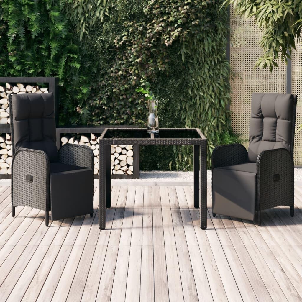 3 Piece Patio Dining Set with Cushions Black Poly Rattan,Outdoor Rattan Reclining Patio Dining Set with Adjustable Backrest and Cushions Furniture Sets for Patio, Lawn & Garden