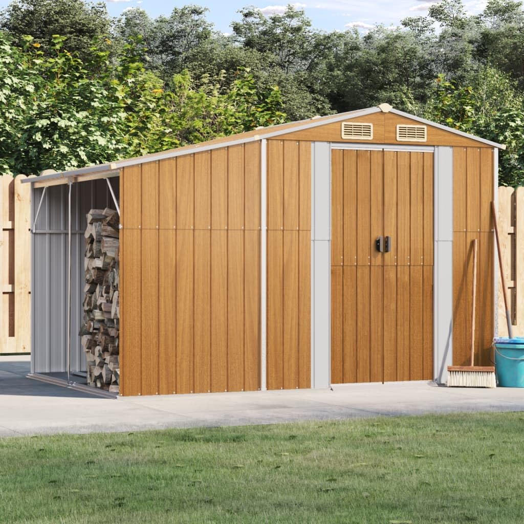 Garden Shed Light Brown 193x277x179 cm Galvanized Steel Storage Shed with Sloping Roof & Lockable Doors for Outdoor Backyard and Garden