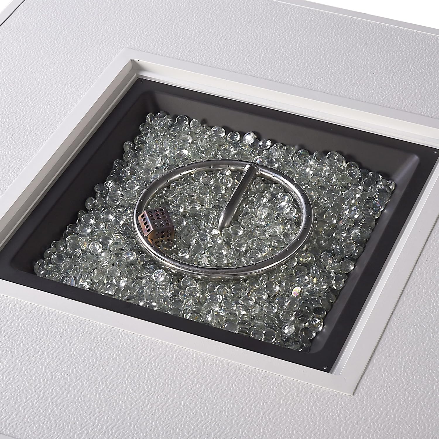 Square 42 in. x 42 in. Aluminum Propane Fire Pit Table with Glass Beads, Two Covers, Lid, 57,000 BTUs in White Finish