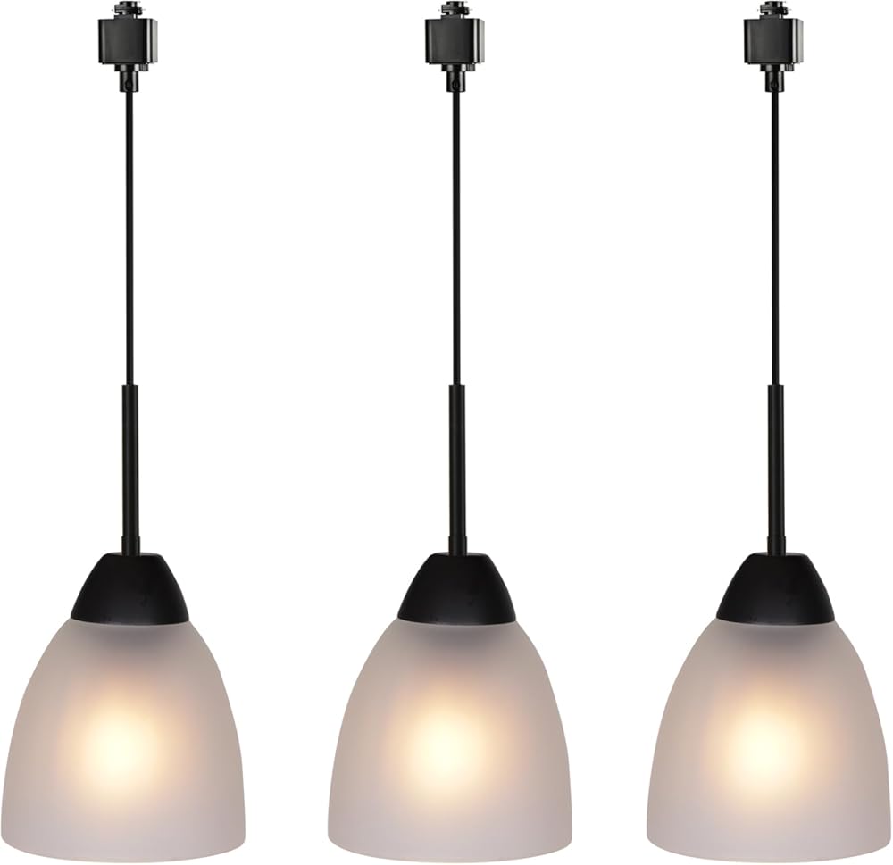 VINLUZ 3-Pack H-Type Classic Track Pendant Lighting with Frosted White Glass Shade,Metal Black Finish Kitchen Island Lighting Fixtures for Dining Room，,Set of 3