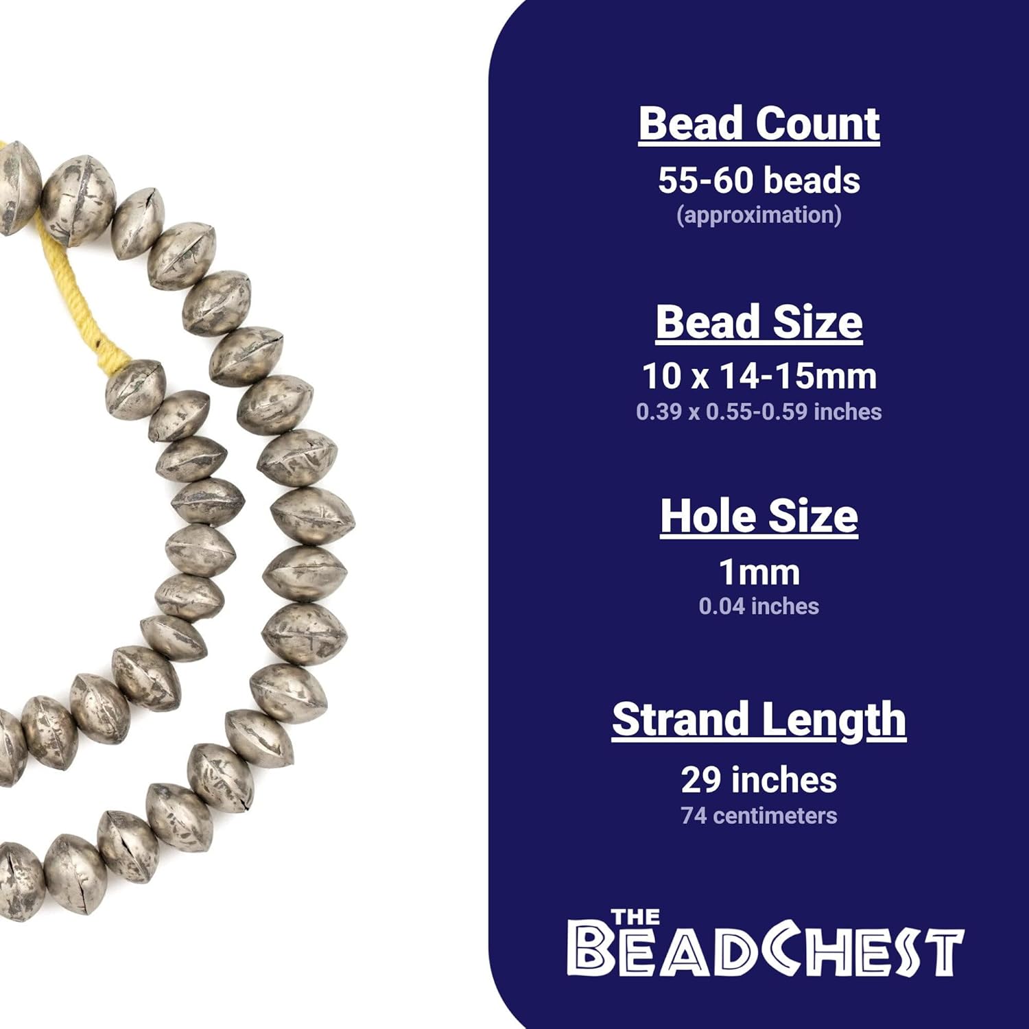 The Bead Chest Mali Silver Bicone Beads - Full Strand of African Metal Saucer Spacer Beads (11x16mm)