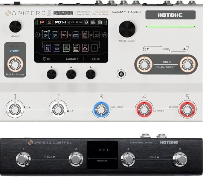 HOTONE Ampero II Stage + MIDI Foot Controller Bundle Multi-Effects Pedal Processor Touch Screen Guitar Bass Amp Modeling IR Cabinets Simulation Dual Effect Chains with FX Loop MIDI I/O Stereo OTG USB