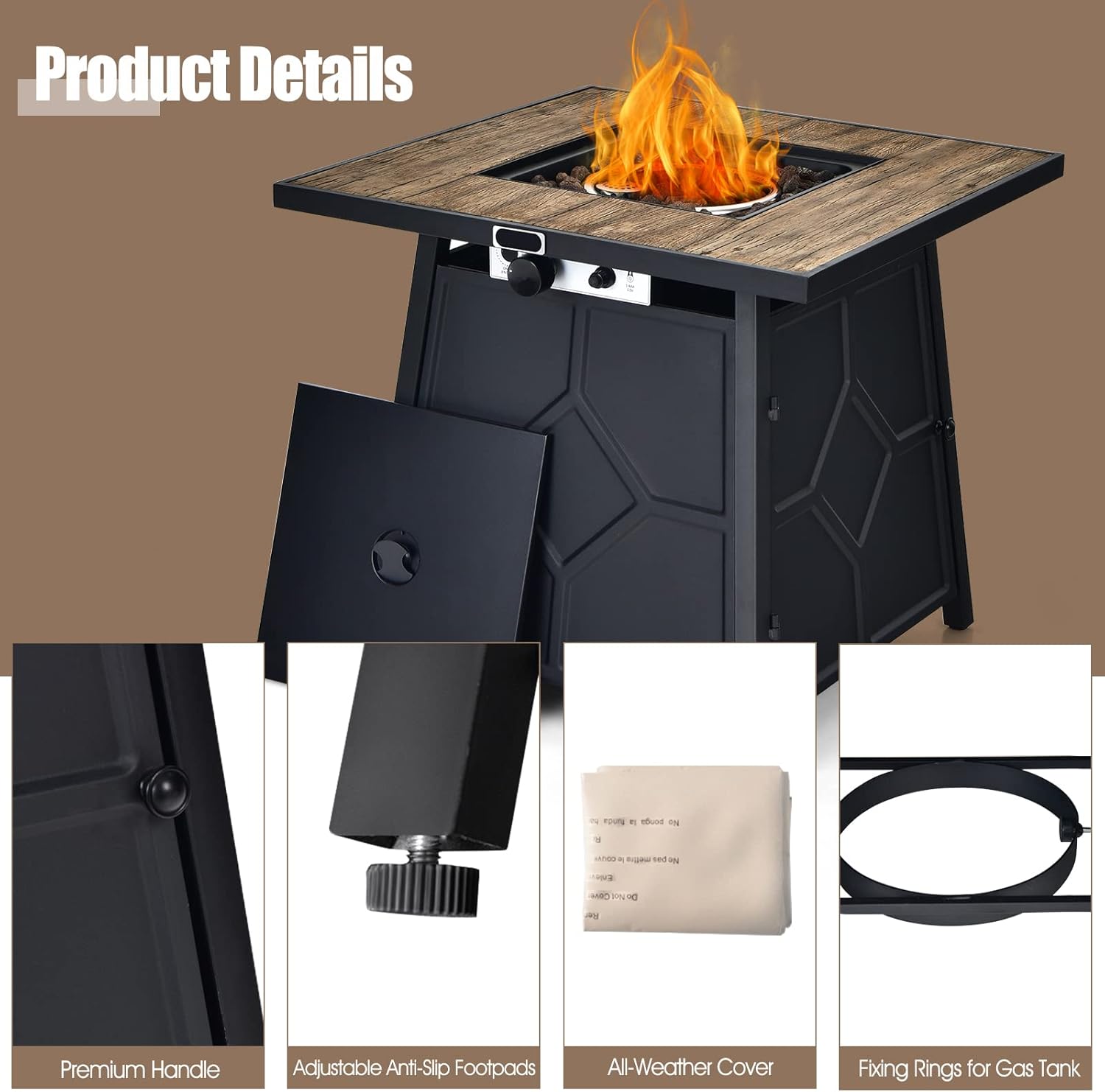 Tangkula 28 Inches Propane Fire Pit Table, 40,000 BTU Square Fire Table with Lid, Lava Stone, Waterproof Cover and Instant Touch-Up Pen, Outdoor Dining Gas Fire Pit Table with Adjustable Flame