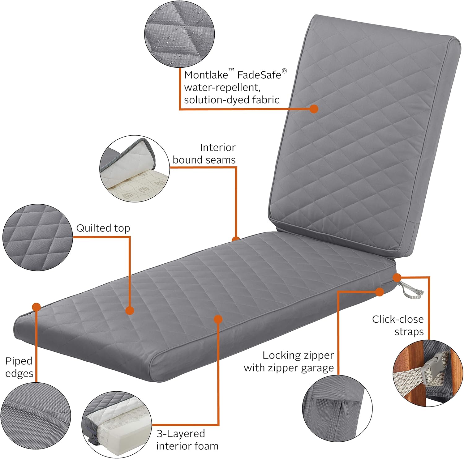 Classic Accessories Montlake Outdoor Chaise Lounge Cushion, 72 x 21, FadeSafe, Water-Repellent, Quilted Grey