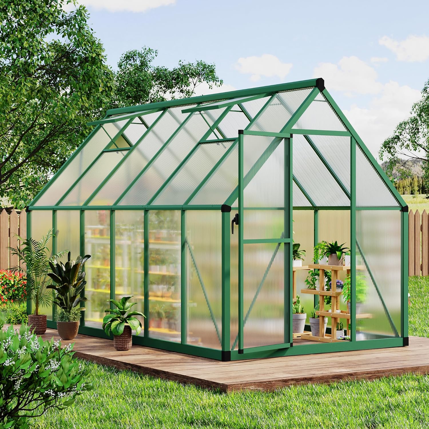 6x11 FT Outdoor Greenhouse, Polycarbonate Greenhouse with Roof Vent and Ground Nails, Aluminum Large Walk-in Green House w/ Lockable Push Door for Outside Garden Backyard (Green, 6x11 FT)
