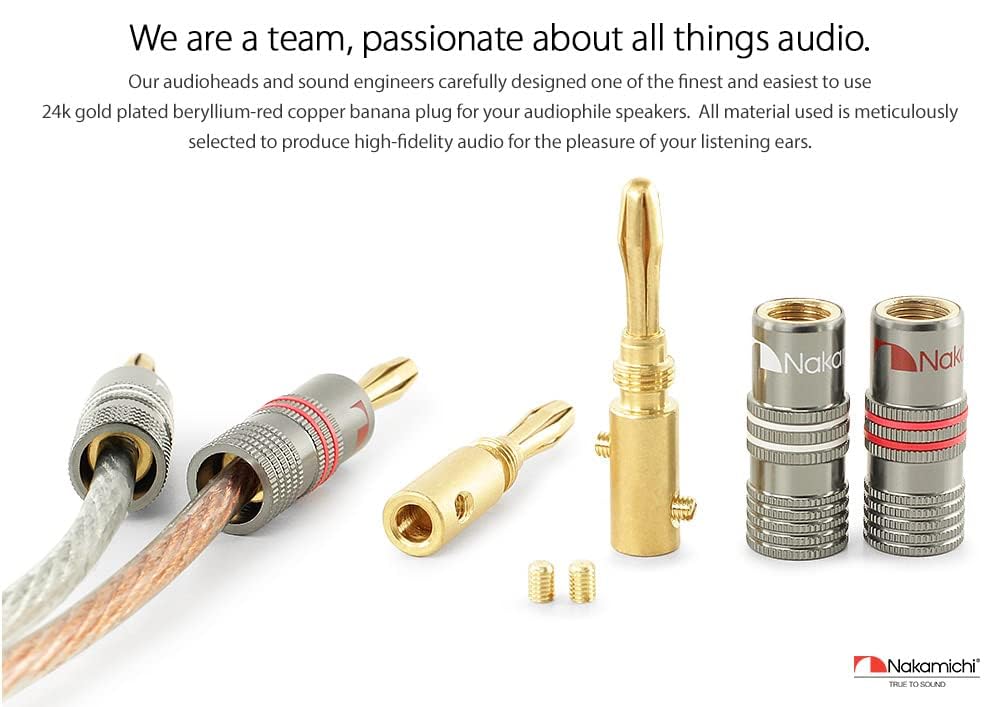 Nakamichi Ultimate Series 24K Gold Plated Beryllium Red Copper Banana Plug 12-18 AWG Gauge Size 4mm Connector for Speakers Wire Amplifiers Hi-Fi Sound Systems (36 Pcs (18-Pairs), Banana Plugs)