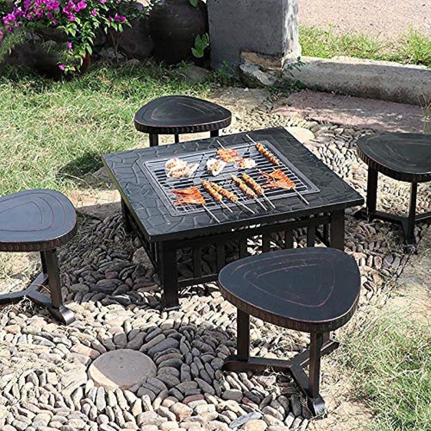Fire Pit BBQ Grill Fire Bowl Outdoor Square Pit Bowl Grill Fireplace with 1 Set Barbecue Tools 86Cm Barbecue Pit for Patio Picnic Garden Backyard