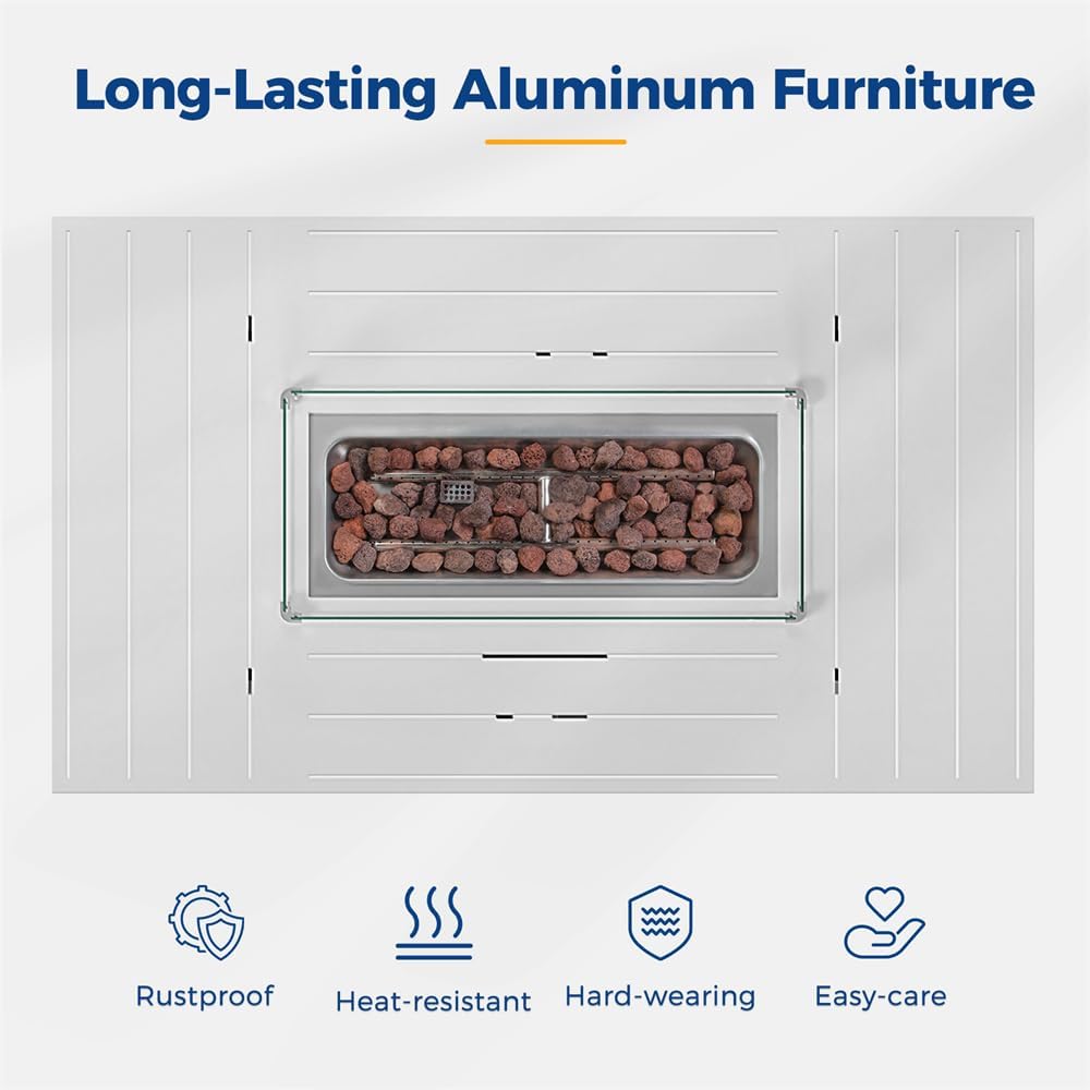 White Rectangle Outdoor Aluminum Glass Windbreak Propane Fire Pit Table for Pool Patio Garden