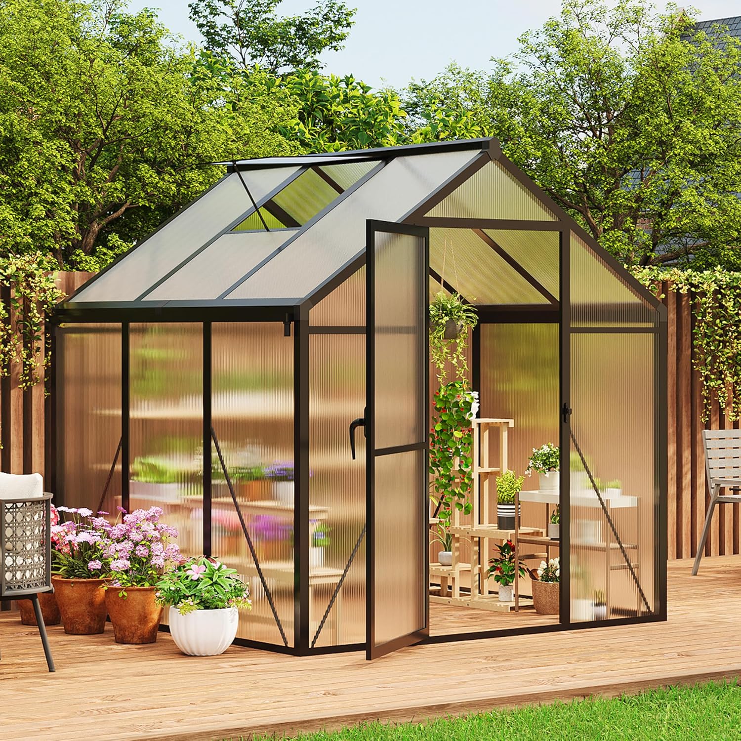 6×6 FT Greenhouse, Large Walk in Greenhouses for Outdoors and Garden Planting, Polycarbonate Greenhouse with Enhanced Aluminum Frame, Green Houses with Quick Setup Structure and Roof Vent, Black