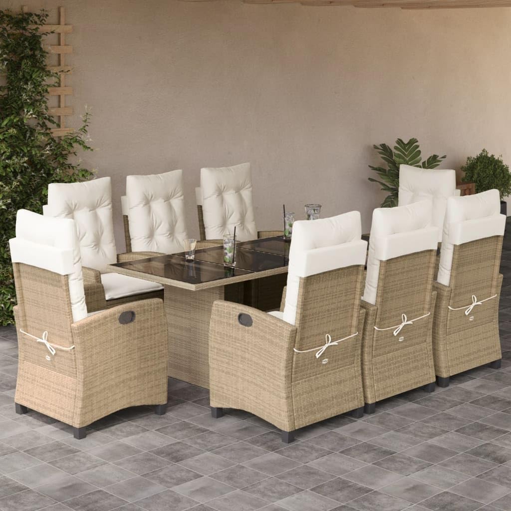 9 Piece Patio Dining Set with Cushions Beige Poly Rattan,Rattan Garden Dining Set: Adjustable Recliners, Tempered Glass Top Table Furniture Sets for Patio, Lawn & Garden