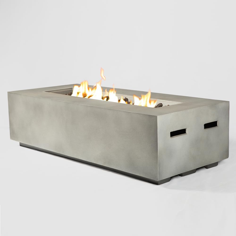 56 Inch Rectangular Propane Fire Pit Table for Outdoor Patio Garden Deck - Durable Concrete-Like Finish in Light Gray