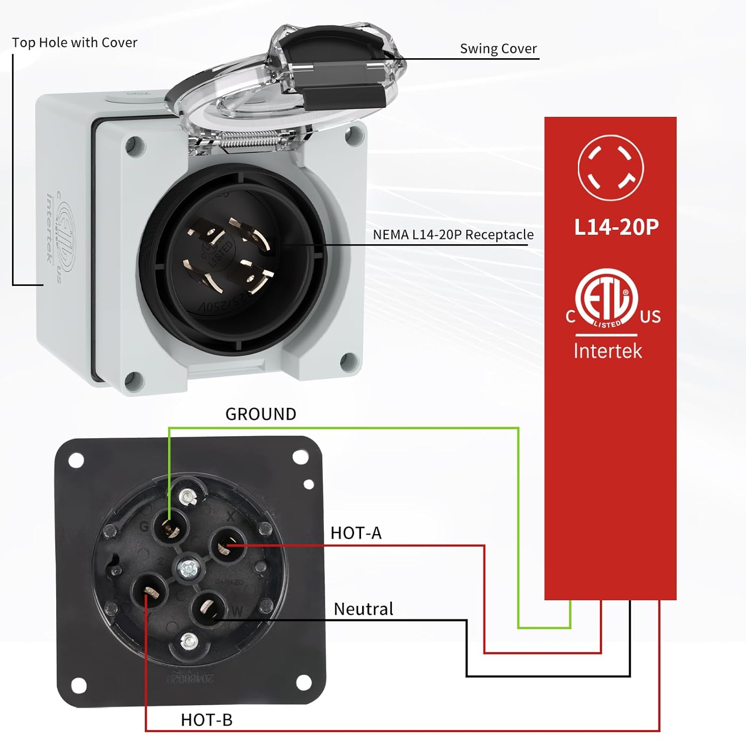 1pcs L14-20P-BOX US/American 20Amp Power Inlet Box,NEMA L14-20P 125/250Volt Generator Plug Outdoor dustproof and Weatherproof .ETL,Listed.