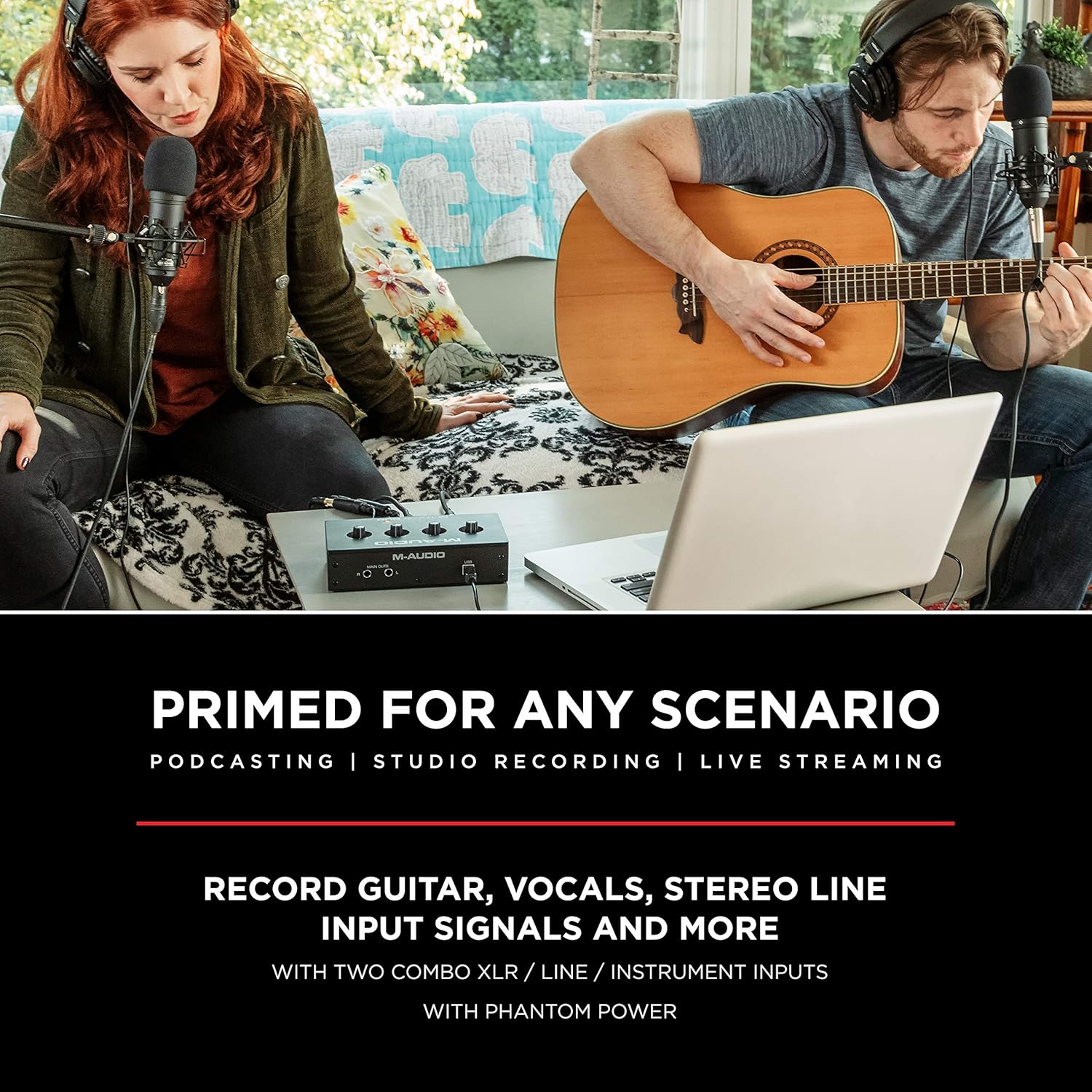 M-AUDIO BX4 Pair Bluetooth Studio Monitors Bundle with Dual XLR Audio Interface and Headphones for Studio Recording, Music Production, Podcasting, Streaming