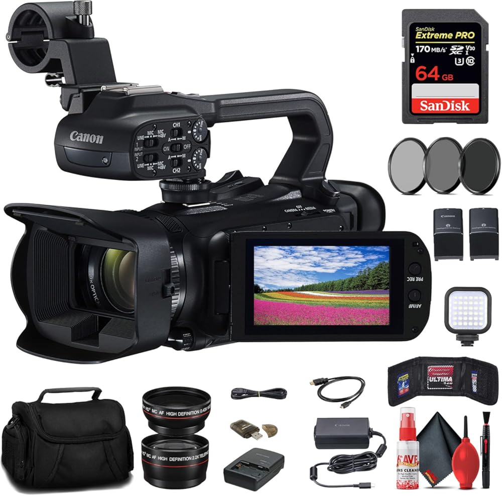 Canon XA60 Professional UHD 4K Camcorder + 64GB Memory Card + Battery + Charger + Filter Kit + Bag + LED Light + Wide Angle & Telephoto Lens + Card Reader + More (Renewed)