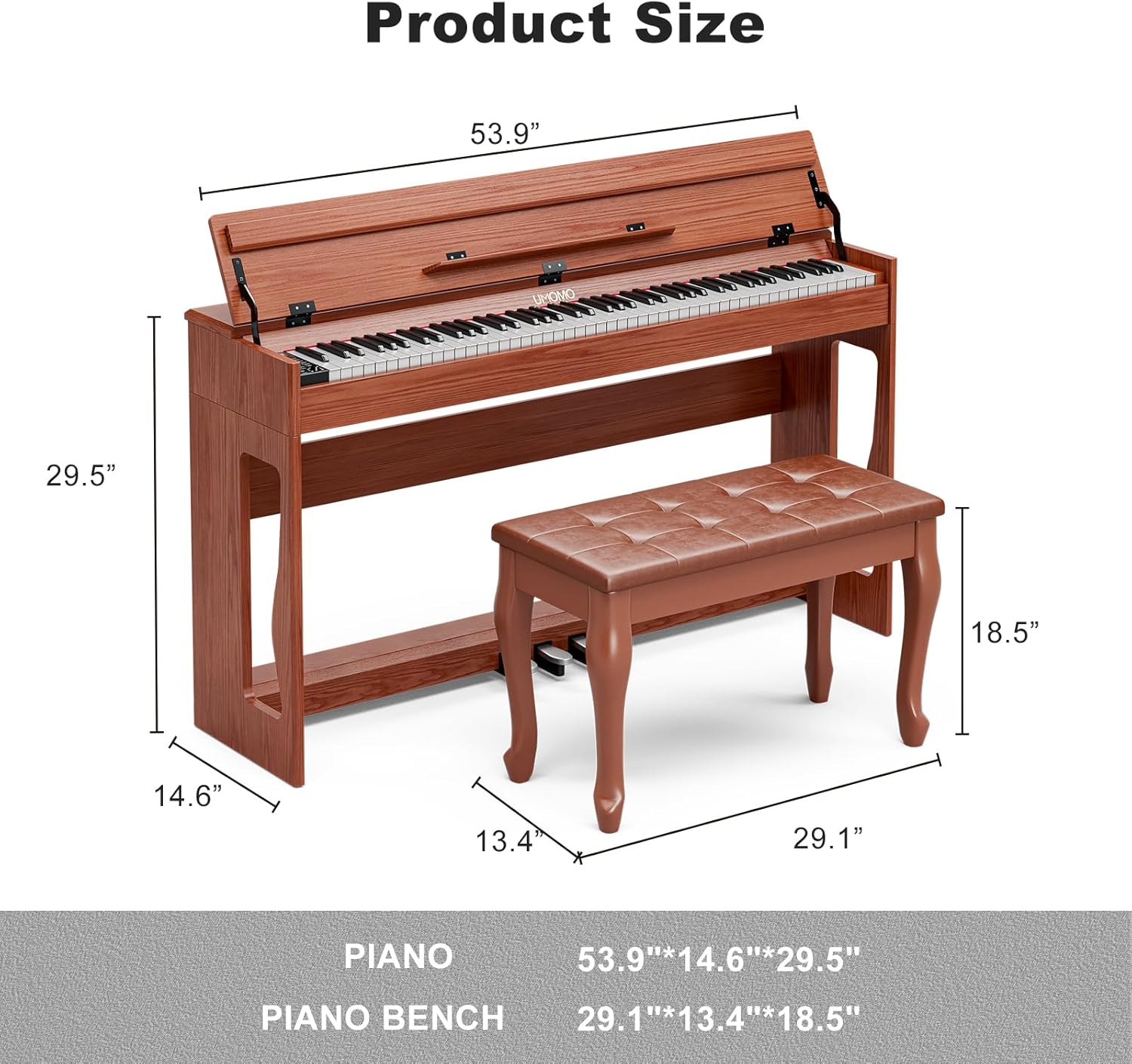 UMOMO 88 Weighted Key Digital Piano with Duet Piano Bench, Beginner Keyboard Piano Full Size Heavy Hammer Weighted Action Electric Piano Keyboard with USB MIDI, Brown