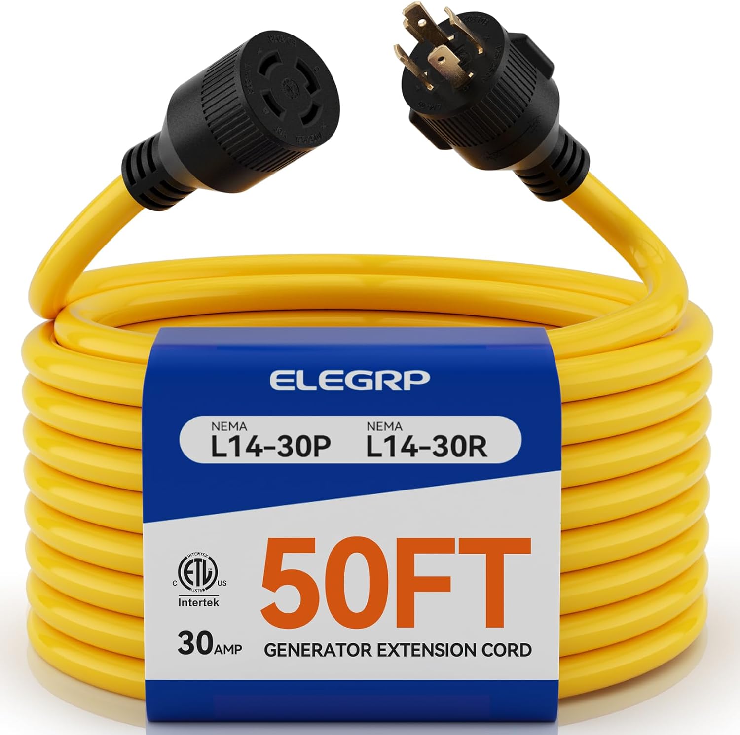 ELEGRP 30 Amp Generator Extension Cord 50 Feet, 4-Prong NEMA L14-30P to L14-30R, 120/250V Up to 7500W, SJTW 10AWG/4C Locking Power Cord for Portable Generators, Home Backup, UL Standard Compliant