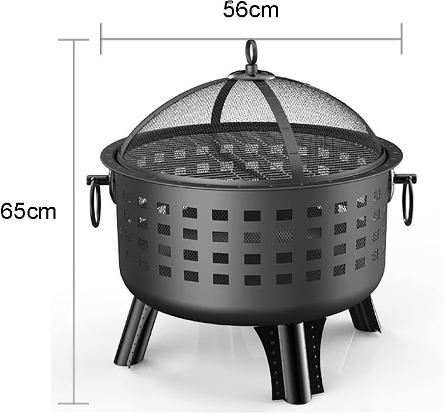 25.5inch Outdoor Wood Burning Fire Pits， Round Basin Camping Fire Pit，Household firewood Basin,with Ornate Black Base, Wood Poker, & Mesh Screen，for Patio Backyard Deck (Color : Black)
