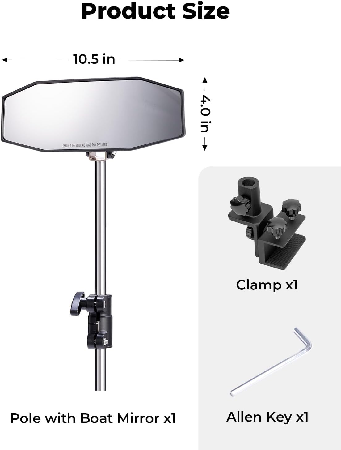 KEMIMOTO Pontoon Boat Mirror Rear View with Telescoping Pole, 10.5“ x 4” Extra Large 360° Adjustable Marine Mirror for Pontoon Rail or Bimini Top, Ski Boats Water Skiing, Pontoon Boat Accessories