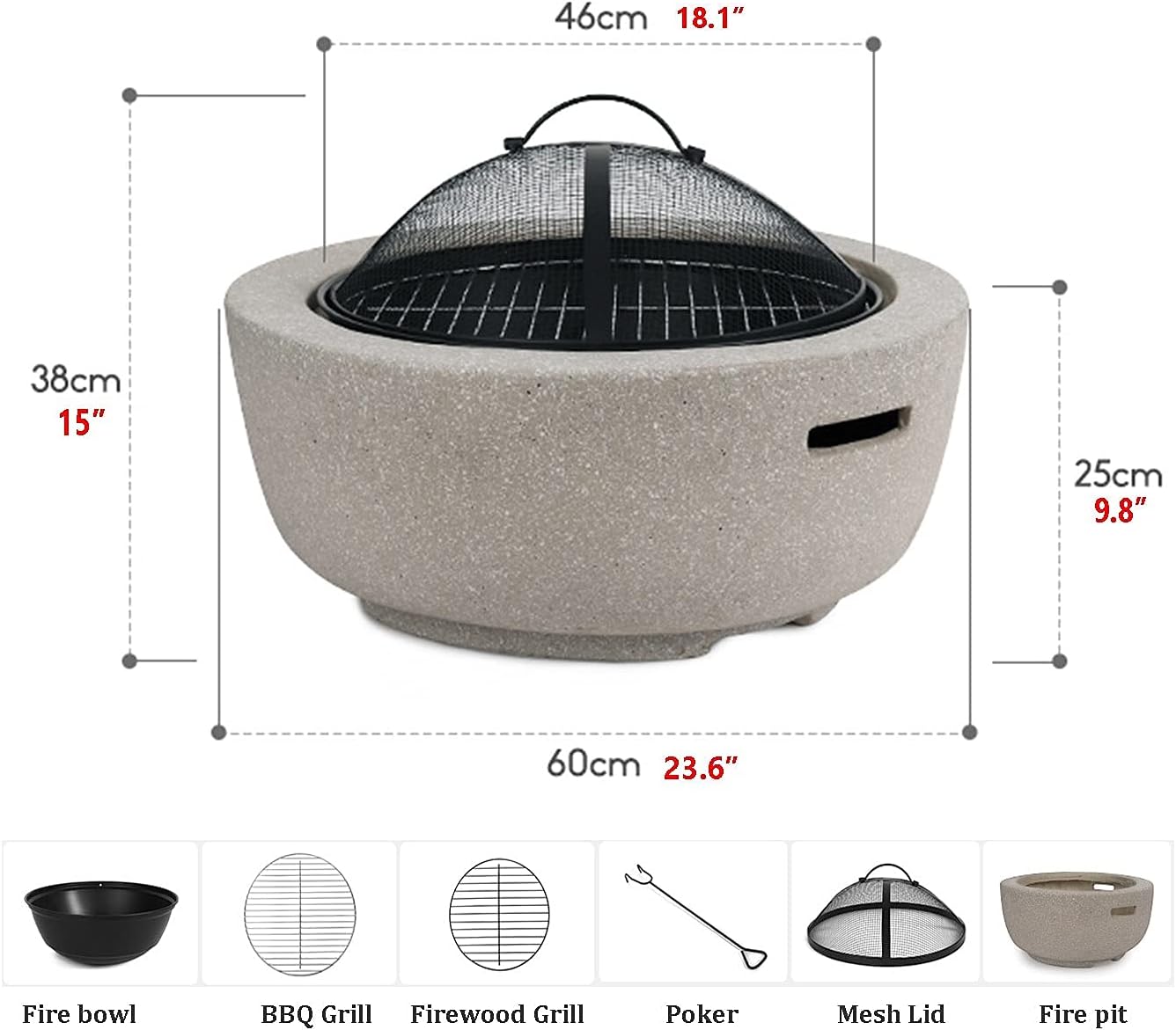 Outdoor Fire Pit Garden Wood Burning Fire Pit BBQ Grill Table, Outdoor Wood Burning Fire Bowl with Spark Screen Cover and Poker, 60cm