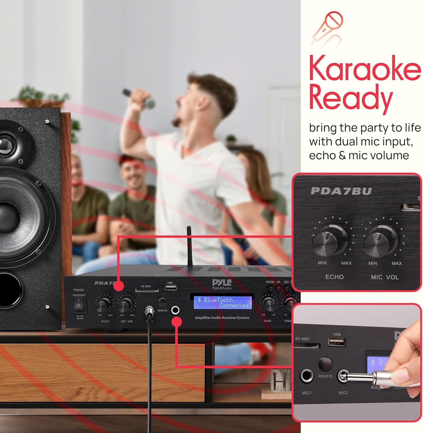 Pyle Bluetooth Home Theater Amplifier - 200 Watts into 5 Channels with Subwoofer Out, Wireless Streaming, USB/SD with MP3 player, RCA Input, FM Radio, LCD Display - PDA7BU