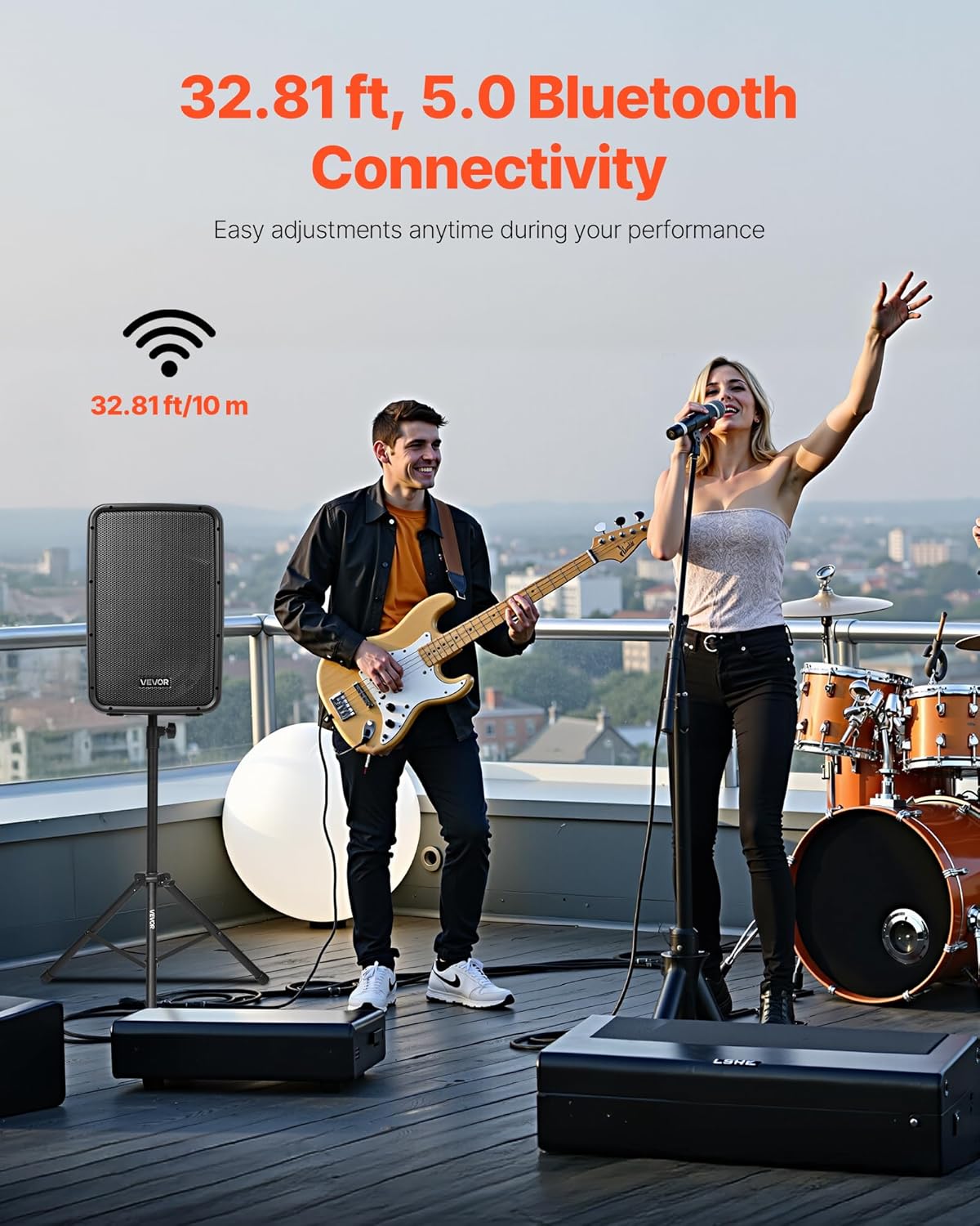 VEVOR Portable PA System with Microphone, 300W Powered, Sound System with 8 Channel Mixer, Dual 8'' Speakers, Wireless Bluetooth, Compact Stands, USB SD XLR RCA Inputs, for DJs Events Indoor &Outdoor