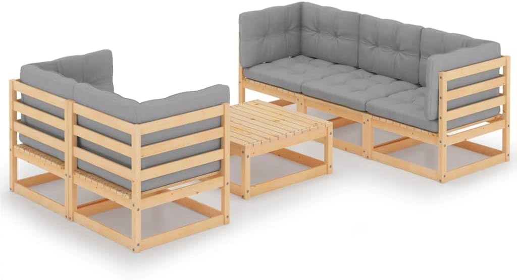 6 Piece Patio Lounge Set with Cushions Solid Wood Pine,Versatile Patio Lounge Set with Solid Pinewood Frame and Plush Cushions for Outdoor Relaxation and Entertainment Patio Furniture, Outdoor Furnitu