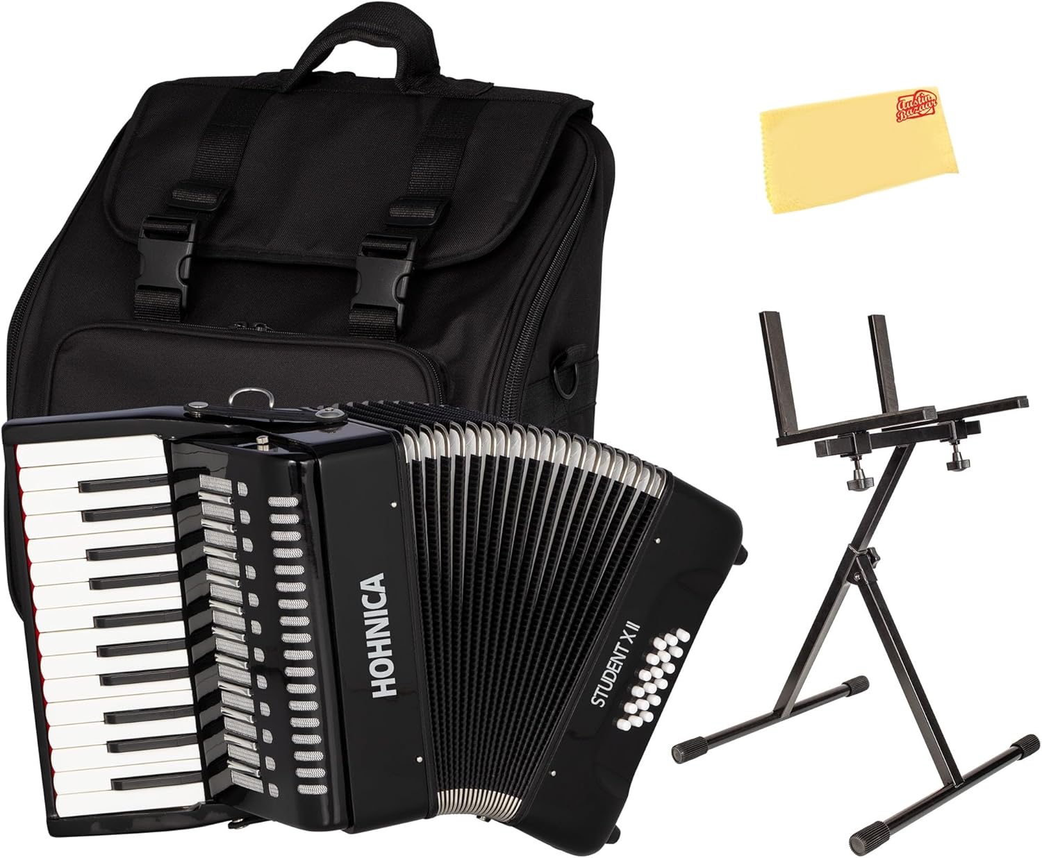 Hohner Hohnica Student XII 44-Key 18 Bass Piano Accordion - Black Bundle with Gig Bag, Adjustable Stand, and Austin Bazaar Polishing Cloth
