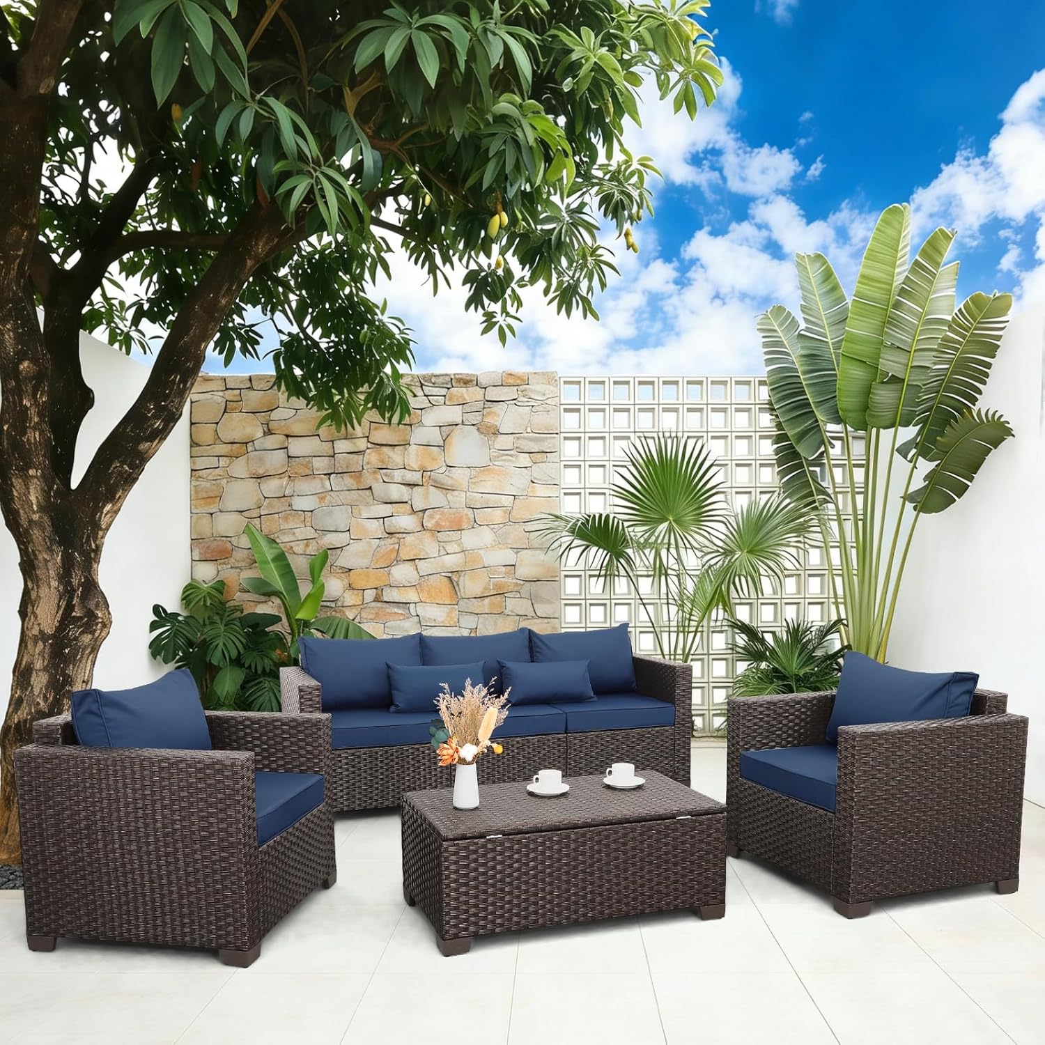 4 Piece Patio Furniture Set 45In Fire Pit Table Outdoor Furniture Sets Patio Couch Outdoor Chairs 50000 BTU Propane Fire Pit with No-Slip Cushions and Waterproof Covers, Navy Blue