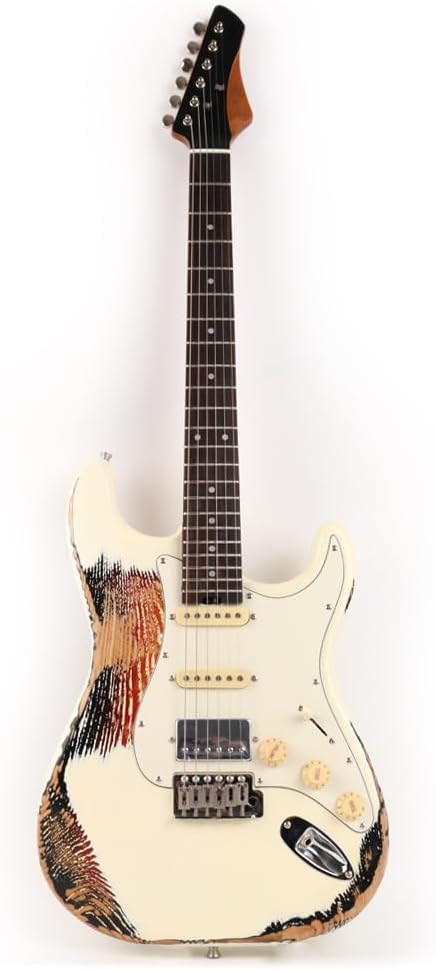 Fojill FSTR-60 Heavy Relic Solid Body Electric Guitar Roasted Canadian Maple Neck Real Rosewood Fretboard Fingerboard Elm Body Stainless Fret(Cream)