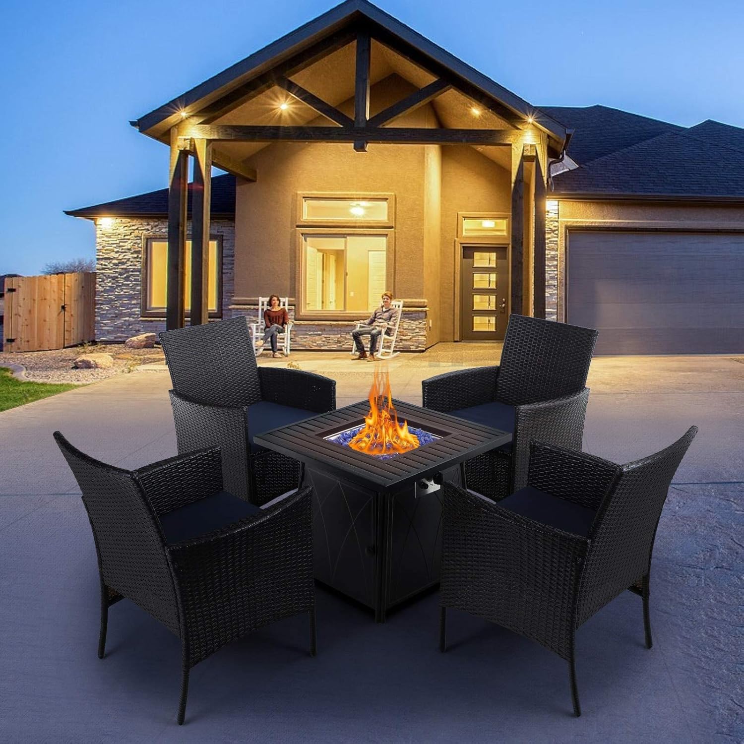Sophia & William Patio 5 Pieces Dining Set with 1 Square Gas Fire Pit Table and 4 PE Rattan Chairs, Modern 2 in 1 50000 BTU Outdoor Propane Firepits Table Auto-ignition Black 28.4