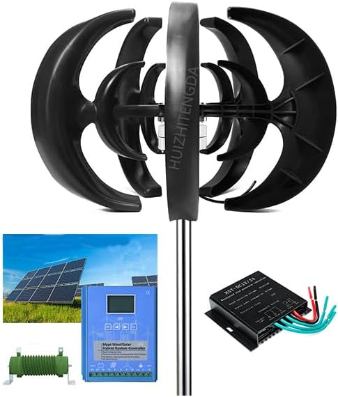 5 Blades Lantern Vertical Wind Turbines Generator Kit 12V 2500W with Wind Solar Hybrid System MPPT Charge Controller Noiseless Vertical Wind Turbine Farm & Home Use