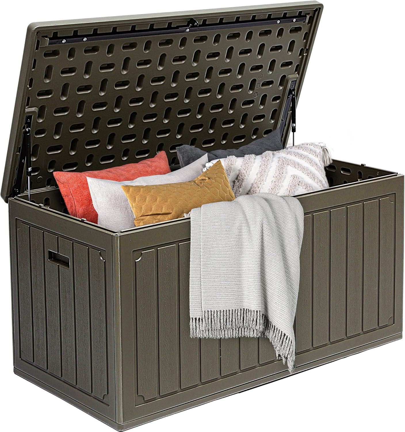 DWVO 90 Gallon Double-Wall Deck Box, Large Resin Outdoor Storage Box, Lockable & Waterproof, Double as Seating, 450lbs Capacity (Light Brown)